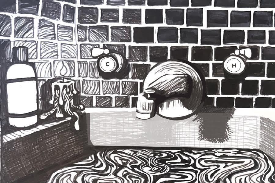 An illustration of a candle lit bathroom sink, with the water in the sink resembling swirls.