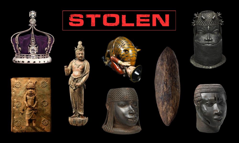 A photo of 8 different stolen artifacts.