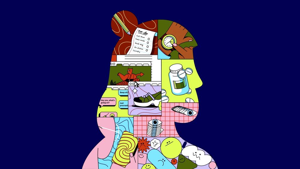 A digital drawing shows a cartoon cross-section of a person's head, showing overlapping "open tabs": a bottle of medication, a finger checking a watch, a to-do list, and shoes.