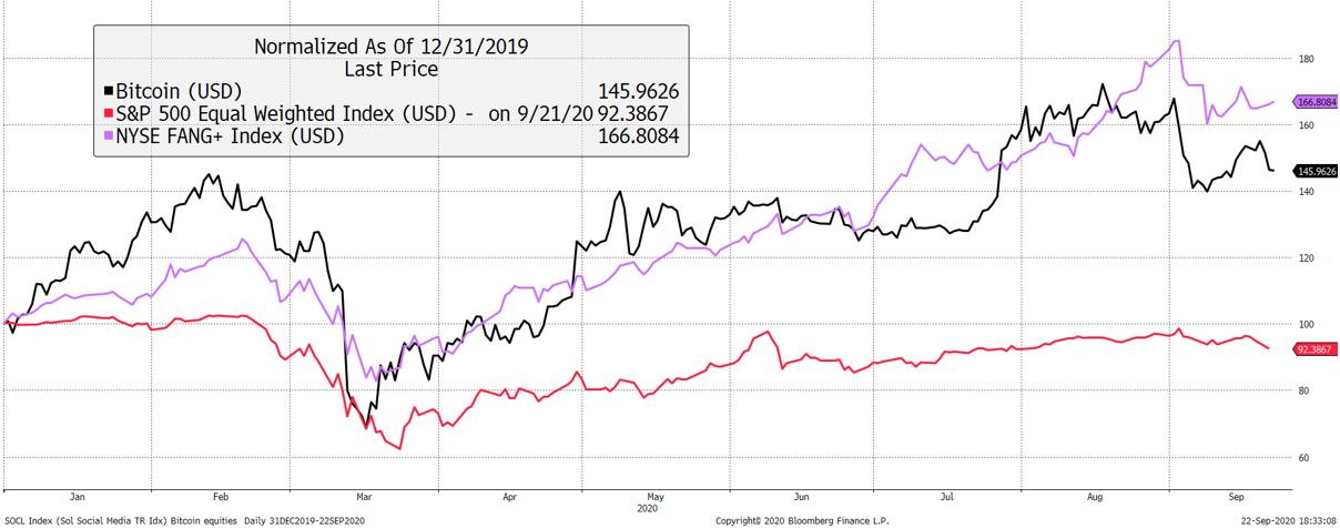 Source: Bloomberg. Bitcoin, S&P equal weight (old world proxy) and NY FANG+ (new world proxy) 2020 year to date rebased to $100.
