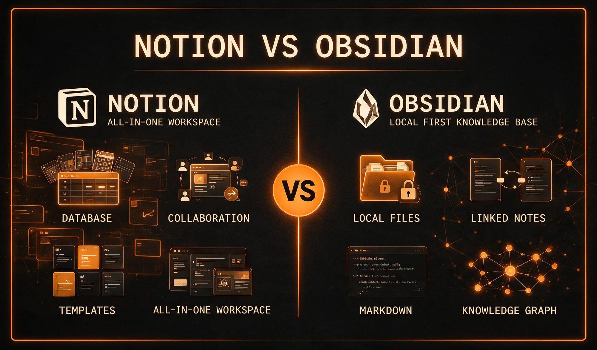 Notion vs Obsidian comparison infographic showing cloud workspace versus local markdown knowledge graph dark theme