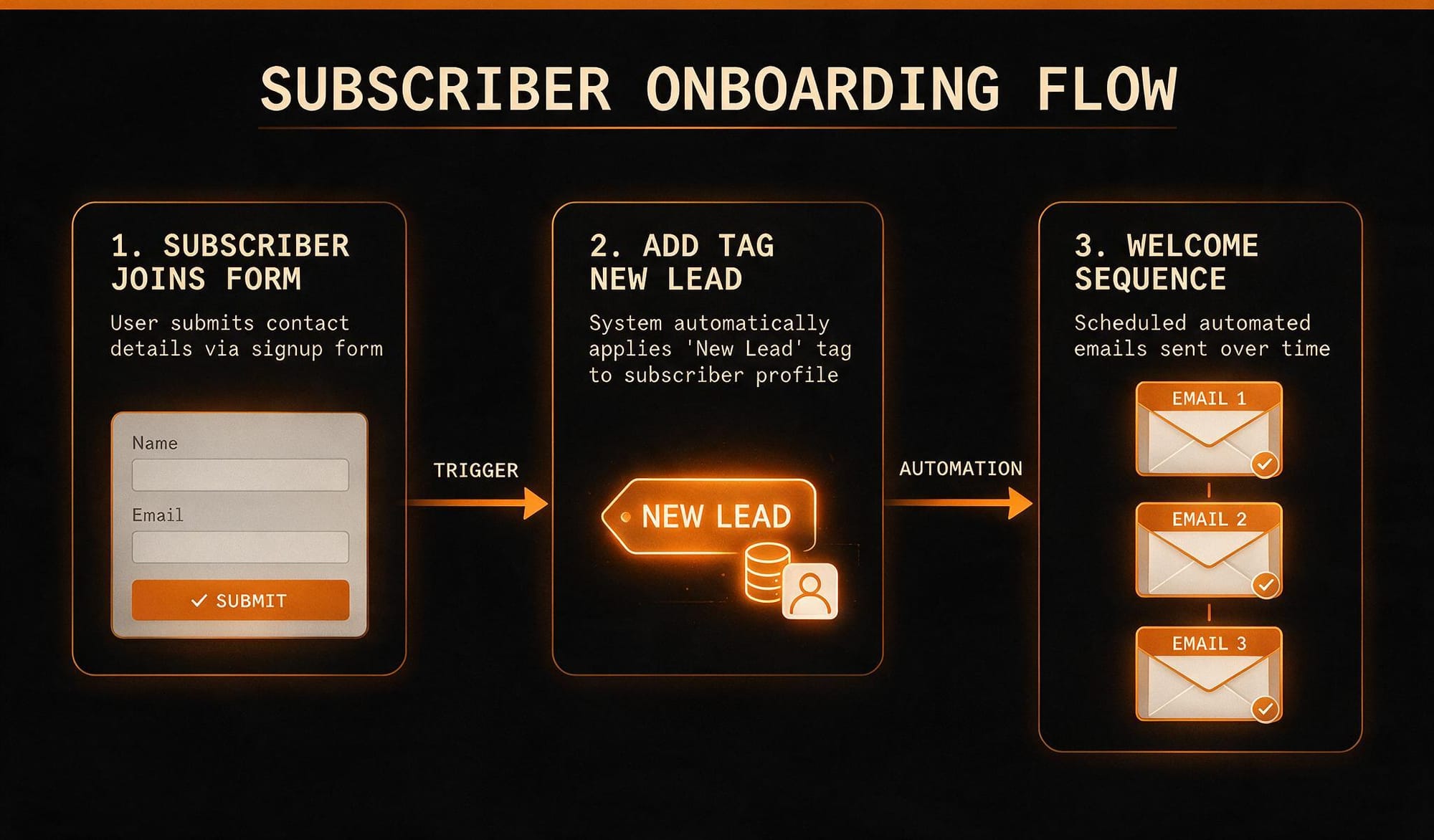 ConvertKit visual automation sequence flow diagram showing subscriber tag trigger welcome email series