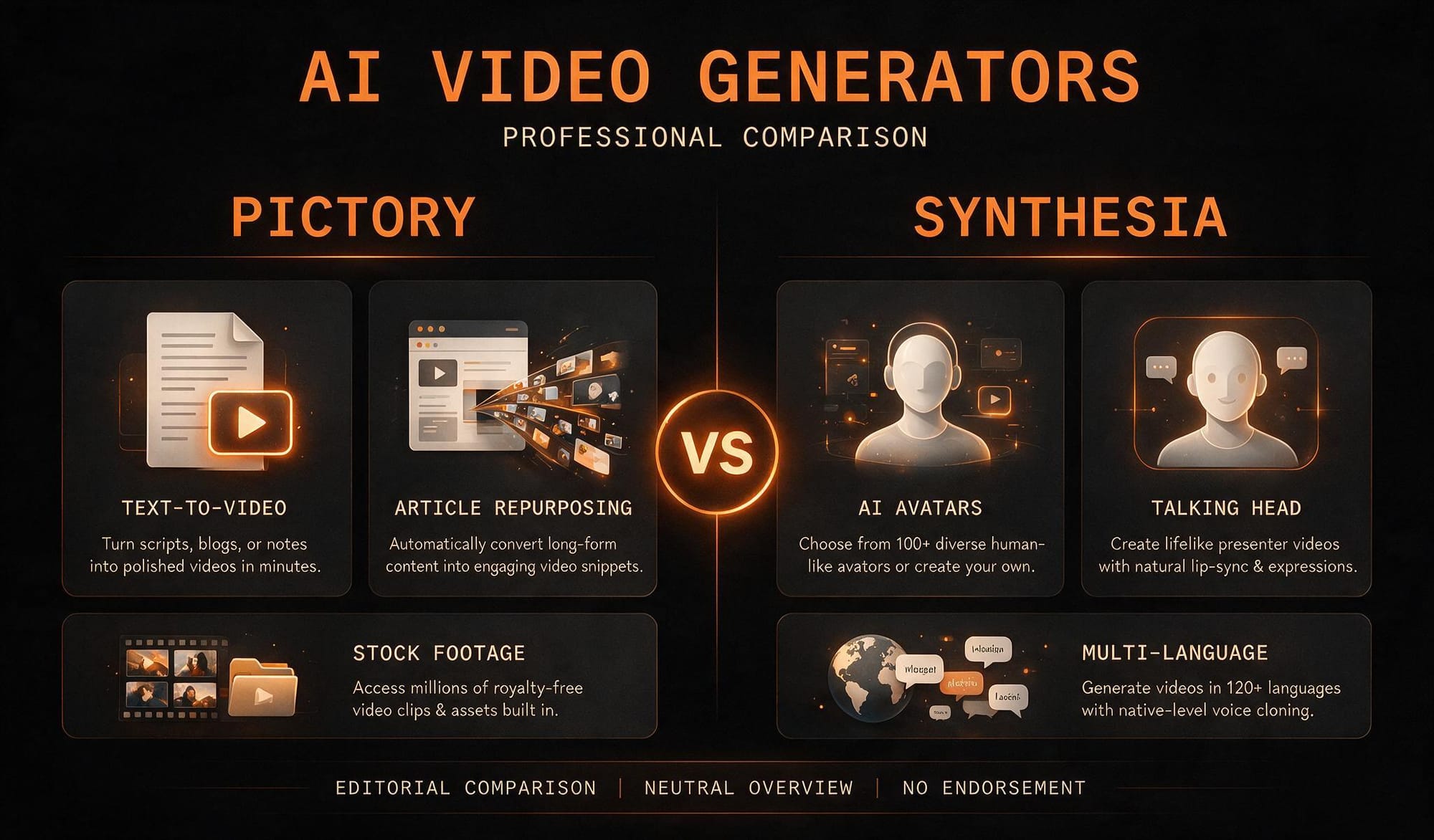Pictory vs Synthesia comparison infographic showing use case differences text-to-video versus AI avatar video dark theme