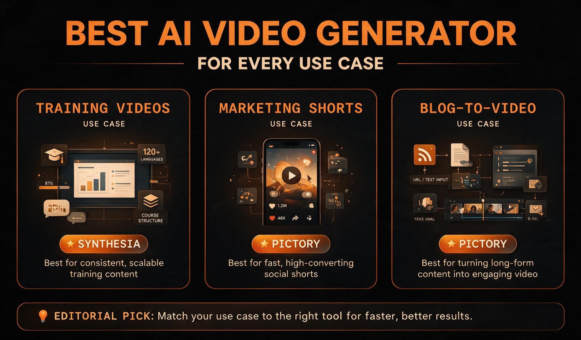 AI video use case recommendation chart showing when to choose Pictory versus Synthesia by scenario dark theme infographic