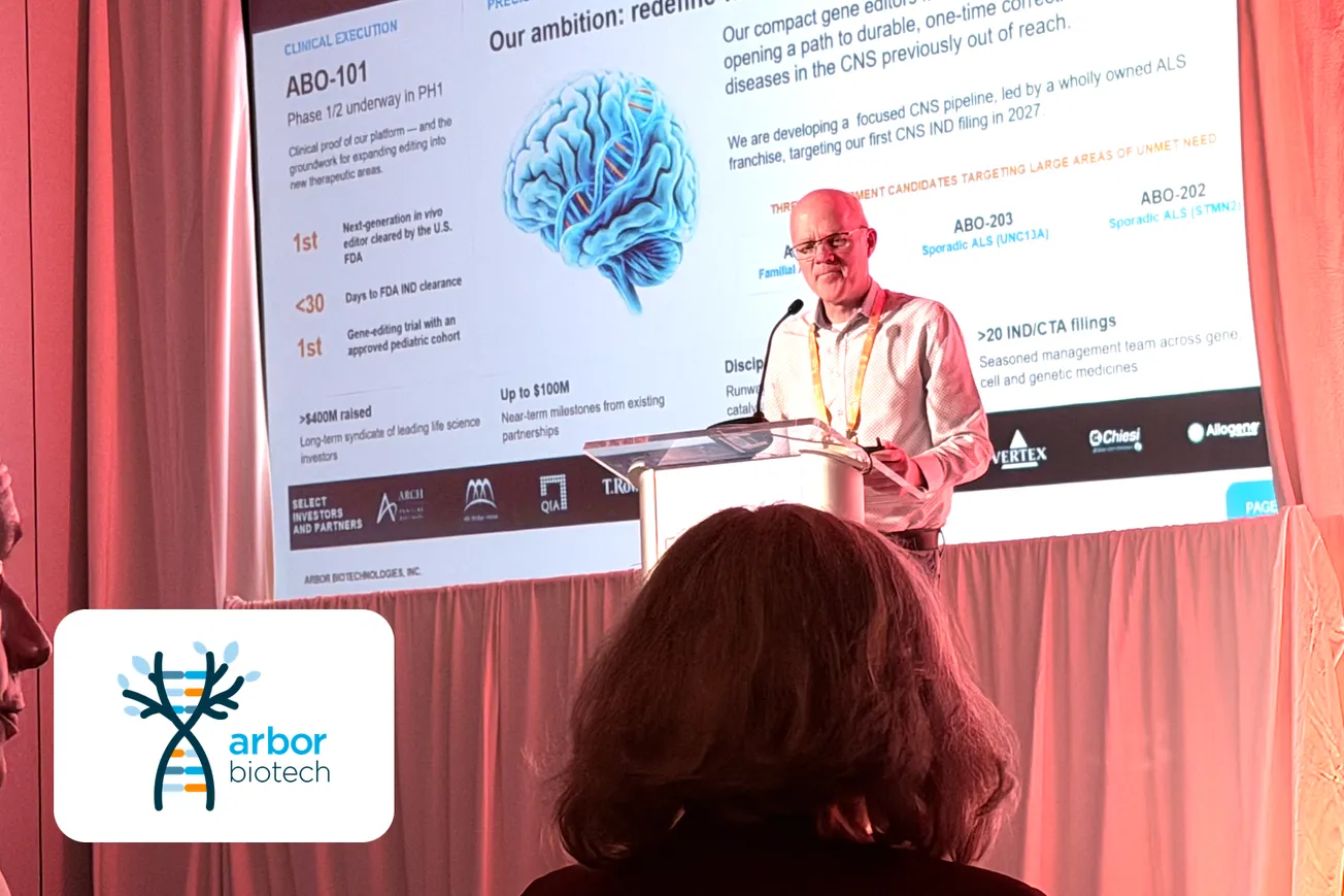 Devyn Smith presenting Arbor Biotechnologies slides at Meeting on the Mesa 2026