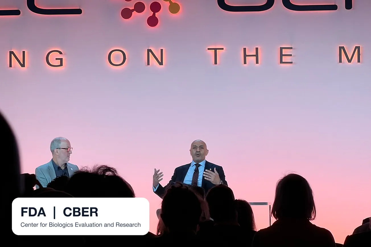 Two people seated on stage in conversation at Cell & Gene Meeting on the Mesa 2026
