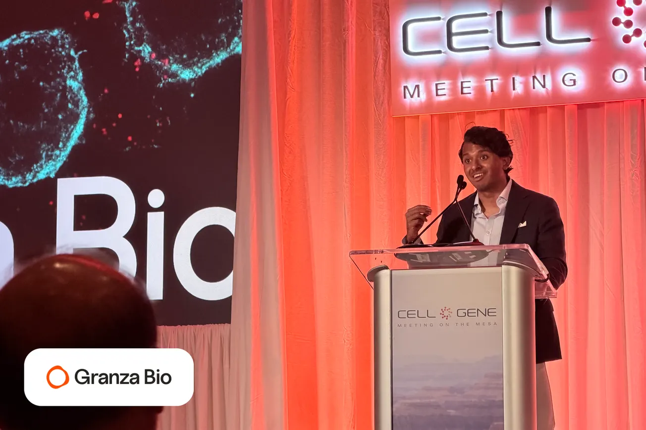 Granza Bio presenter at a podium beside a slide showing the Granza Bio name at Cell & Gene Meeting on the Mesa 2026
