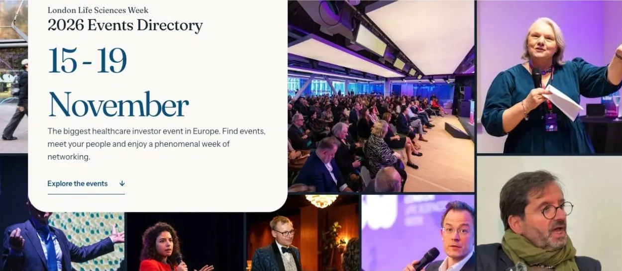 Onyx’s London Life Sciences Week Guide homepage, with dates for 15–19 November 2026 and a collage of previous events and interviews.