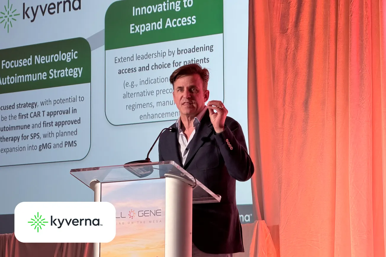 Kyverna Therapeutics Innovation Spotlight presentation at Cell & Gene Meeting on the Mesa 2026, with a slide reading Focused Neurologic Autoimmune Strategy