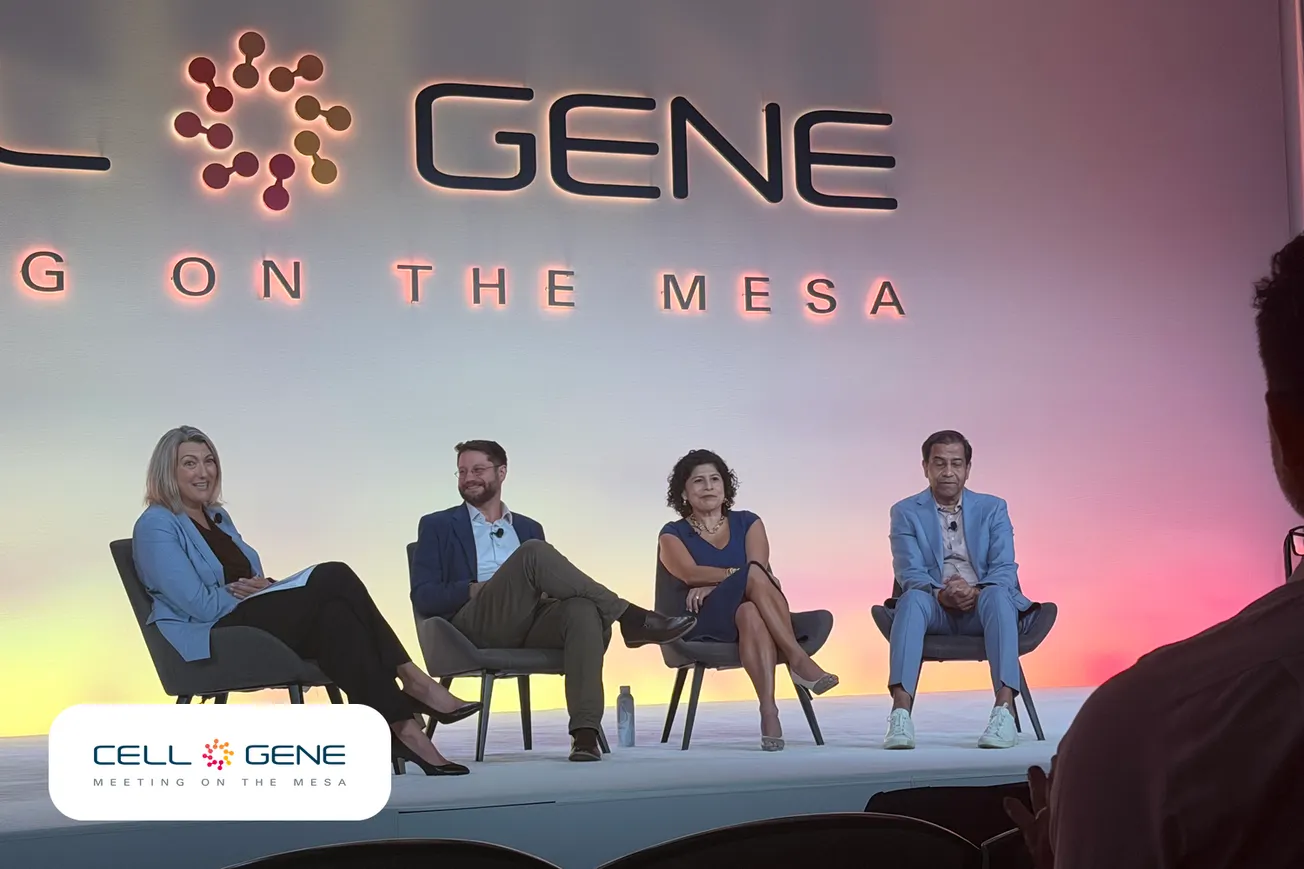 Panelists seated on stage during the Leadership Perspectives: Beyond the Breakthrough session at Cell & Gene Meeting on the Mesa 2026 in Phoenix