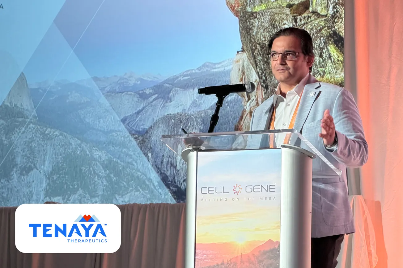 Tenaya Therapeutics CEO Faraz Ali speaking at a podium at Cell & Gene Meeting on the Mesa 2026