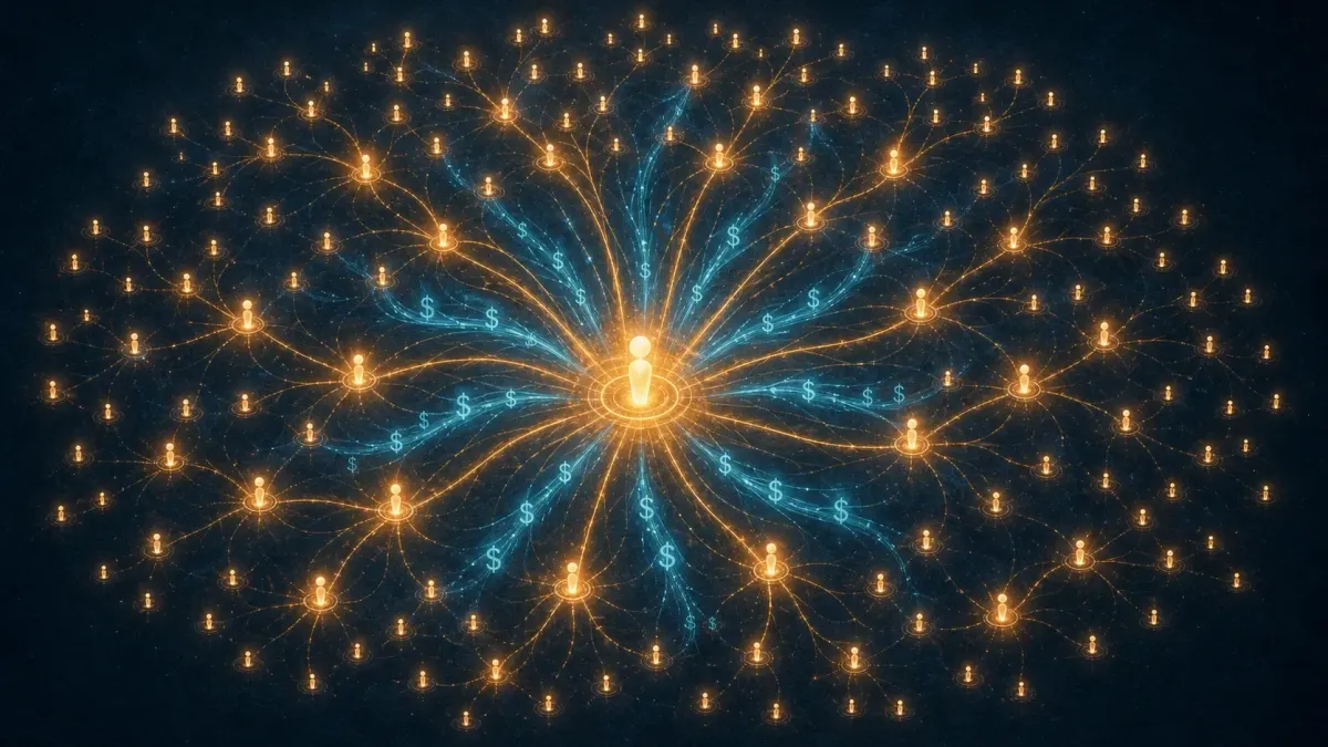 Dark blue illustration of a central glowing node radiating outward into dozens of smaller nodes, with amber and cyan light streams