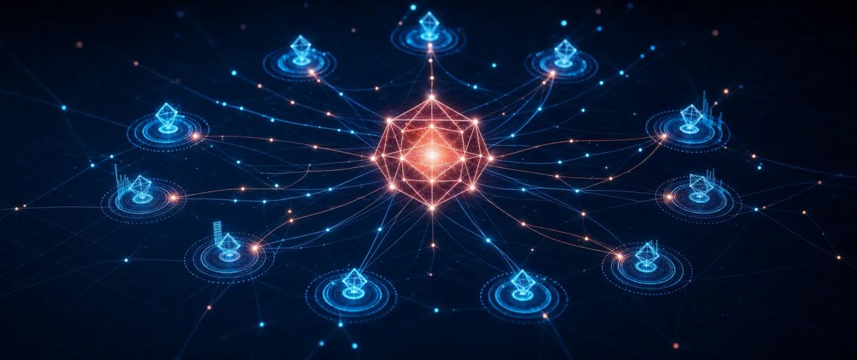Abstract illustration showing a central glowing node connected by luminous threads to multiple smaller nodes against a dark navy background, representing a network of autonomous AI agents.