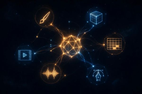 Dark navy illustration of glowing nodes shaped like creative tool icons connected by amber and cyan light streams in spac