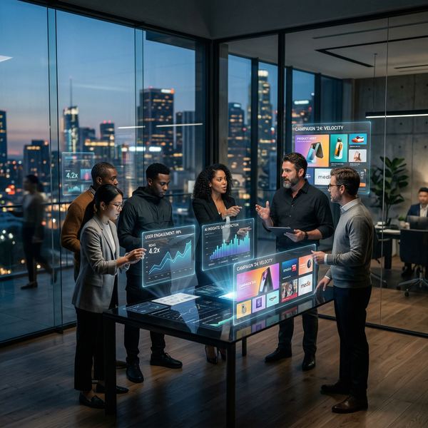A professional, cross-functional team collaborating in a sleek, glass-walled office, interacting with vibrant floating holographic