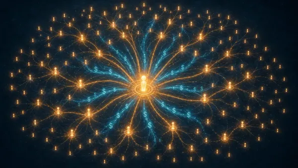 Dark blue illustration of a central glowing node radiating outward into dozens of smaller nodes, with amber and cyan light streams