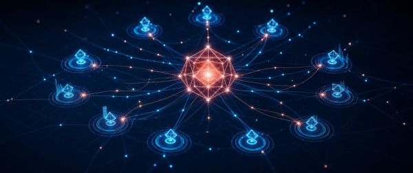 Abstract illustration showing a central glowing node connected by luminous threads to multiple smaller nodes against a dark navy background, representing a network of autonomous AI agents.