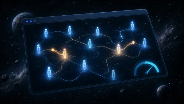 Dark blue illustration of an OS window frame in space containing glowing agent figures connected by amber and cyan light paths.