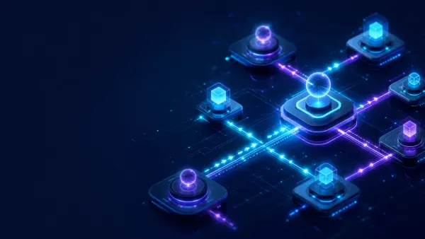 Abstract fintech network of glowing rails and nodes with light pulses, representing autonomous AI payment agents