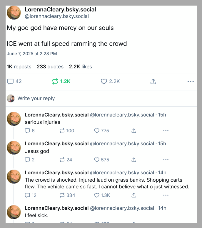 LorennaCleary skeeted the following: "My god god have mercy on our souls ICE went at full speed ramming the crowd" "serious injuries" "Jesus god" "The crowd is shocked. Injured laud on grass banks. Shopping cars flew. The vehicle came so fast. I cannot believe what o just witnessed." "I feel sick"