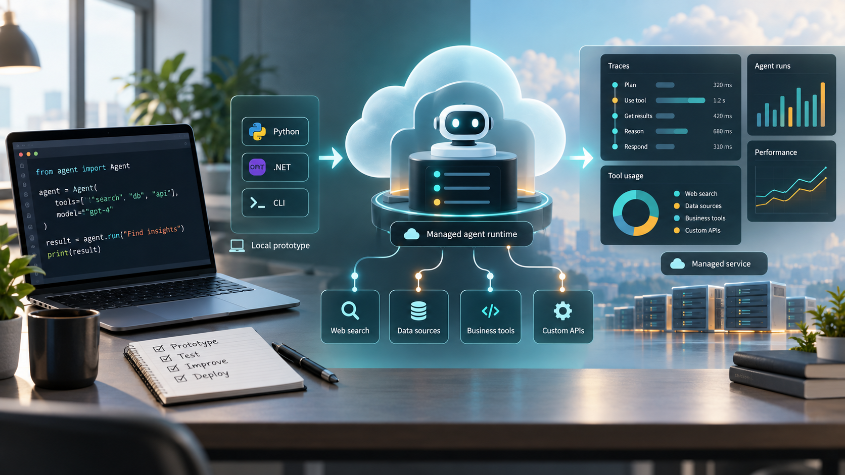 Technical illustration of a managed AI agent runtime connecting local prototype code to tools, traces, data sources, and cloud services.