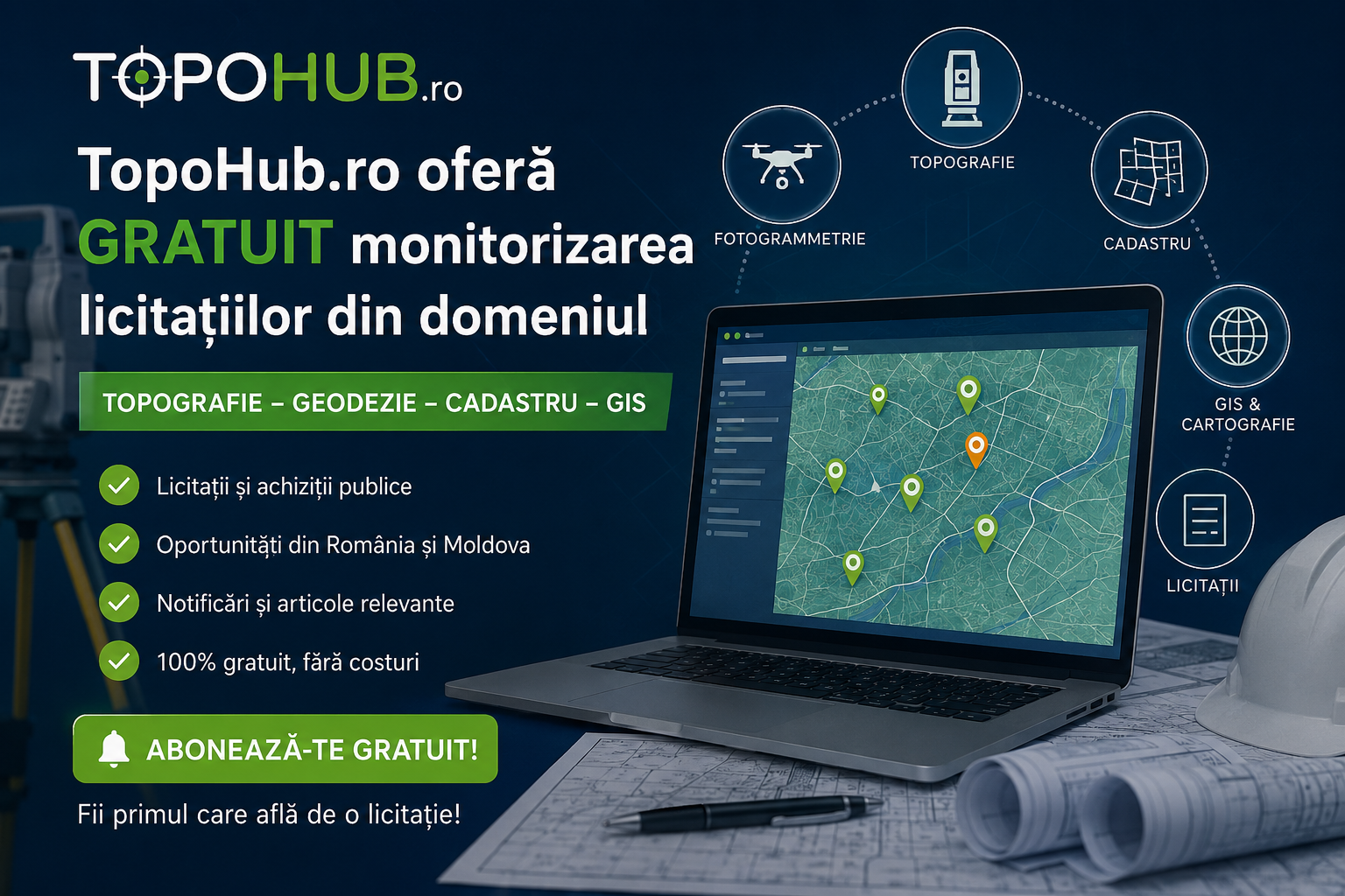 TopoHub.ro oferă GRATUIT monitorizare de licitații pentru domeniul Topografie, Geodezie, Cadastru și GIS