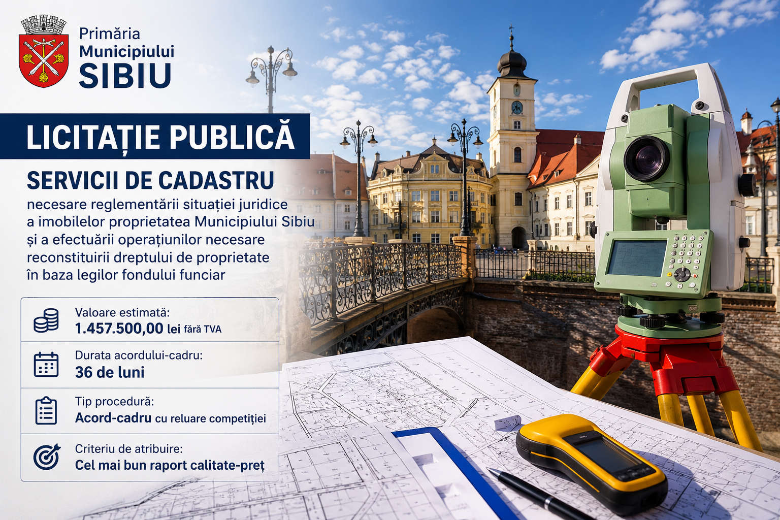 Licitație importantă în domeniul cadastrului: Primăria Sibiu lansează un acord-cadru de peste 1,45 milioane lei