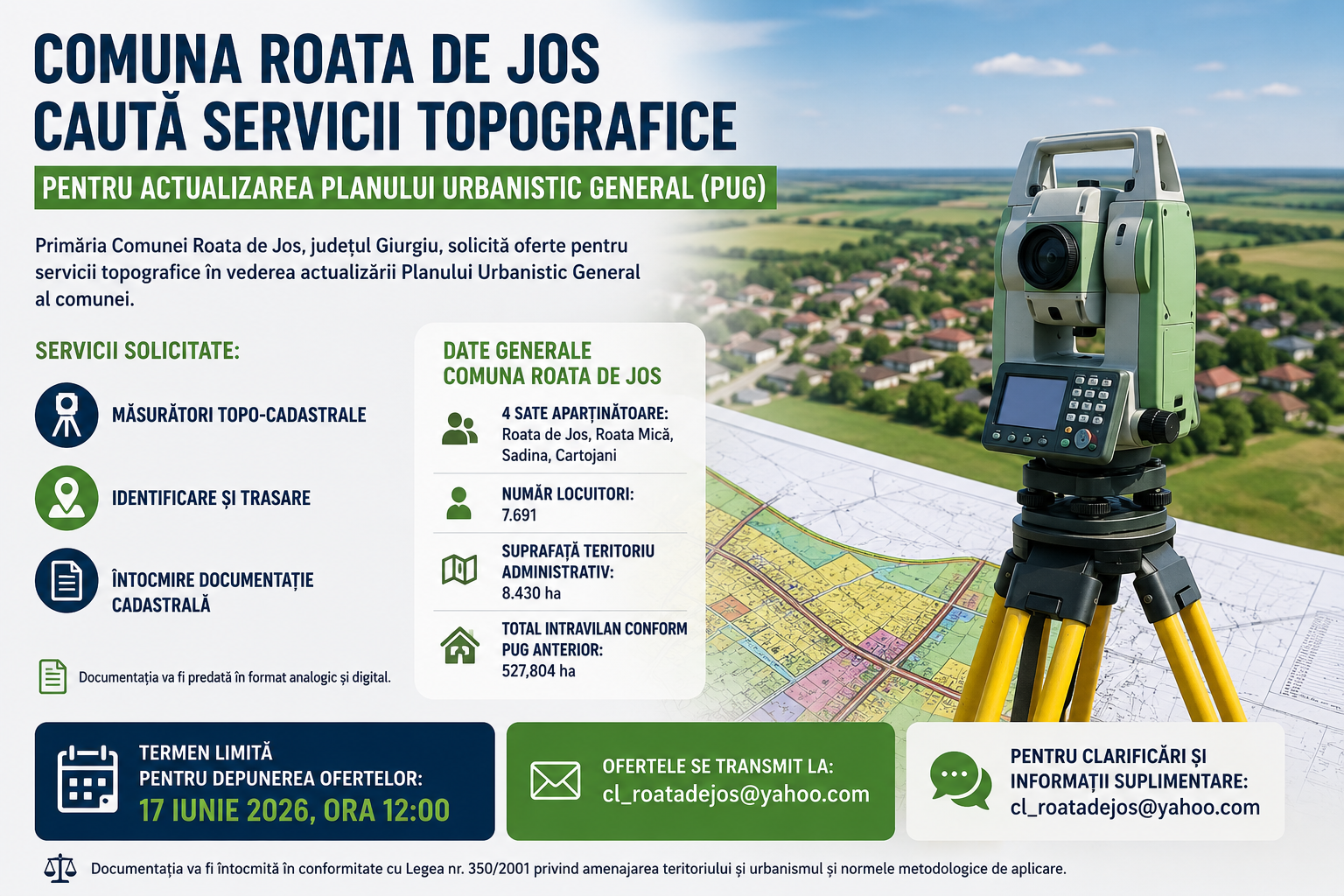 Comuna Roata de Jos caută servicii topografice pentru actualizarea Planului Urbanistic General