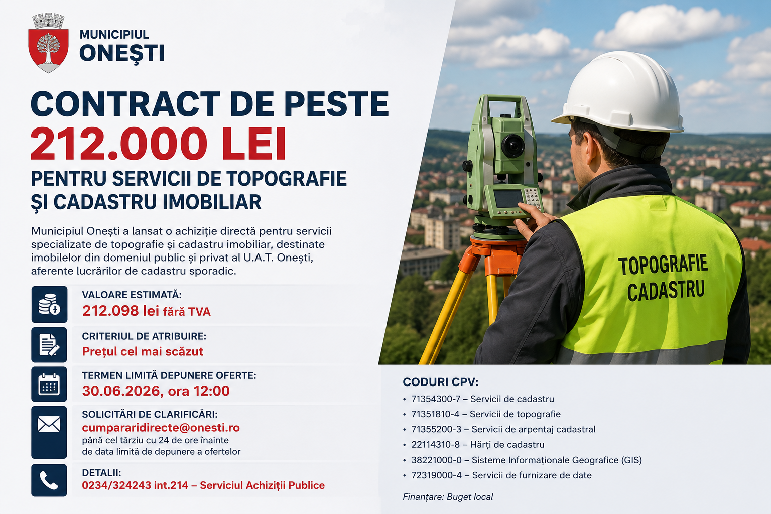 Municipiul Onești caută firme de topografie și cadastru pentru un contract de peste 212.000 lei