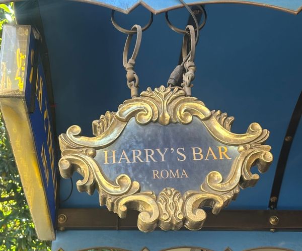 Harry's Bar hangs its identity from a wrought iron bracket — gold script on midnight blue, a small ornate shield doing the work most brands spend fortunes on. No website font, no rebrand. The