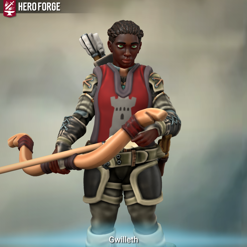 Gwilleth, an armored woman with dark skin holding a bow, rendered in Hero Forge