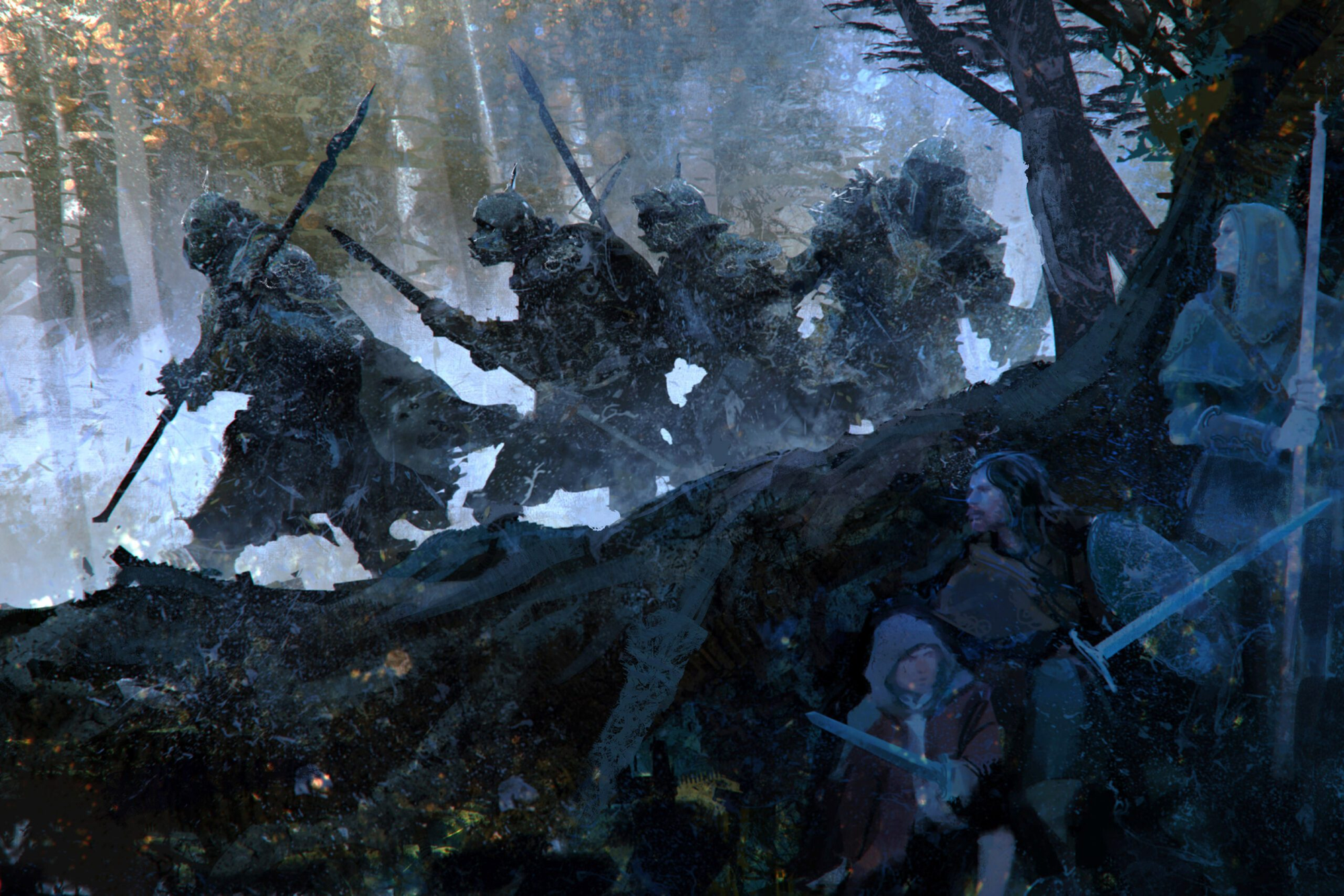 Some heroes hiding from a patrol of orcs