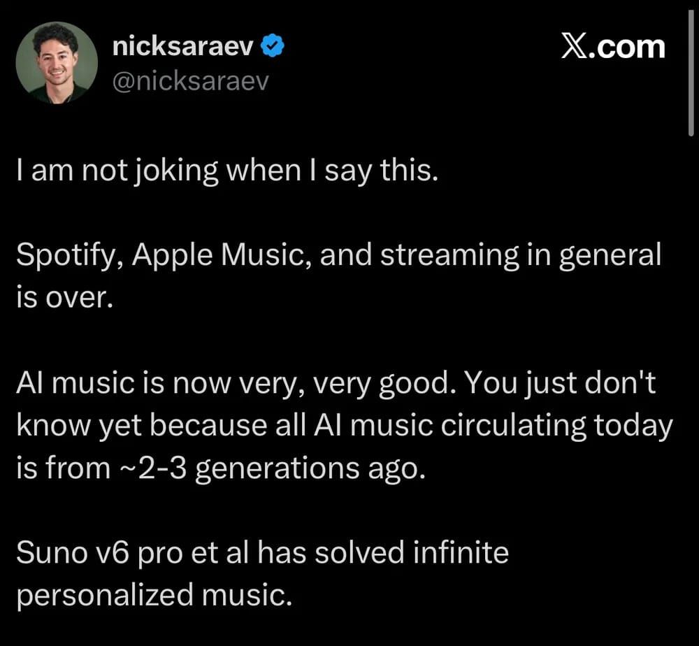 tweet by @nicksaraev explaining that some AI agent has "solved infinite personalized music"