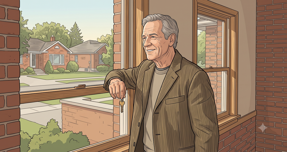 A confident man stands at the window of a modest but well-kept brick house in a quiet neighbourhood.