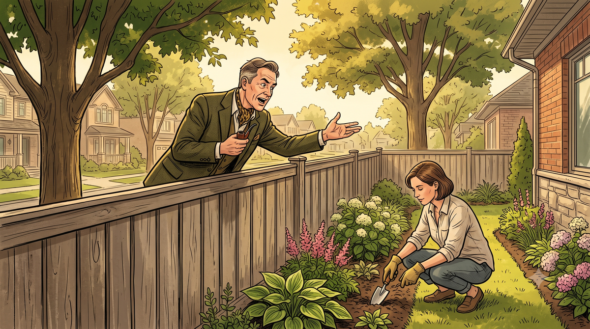 A confident, opinionated neighbour leaning over a wooden backyard fence, gesturing and talking with exaggerated authority. The neighbour is well-dressed but clearly full of unsolicited advice