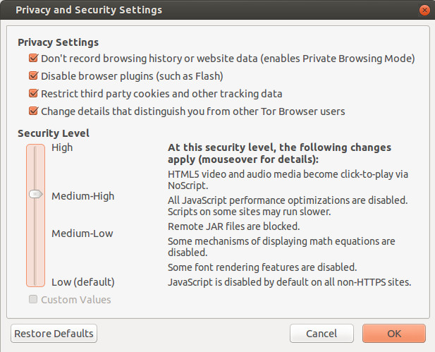TOR 4.5 Security Slider on Ubuntu