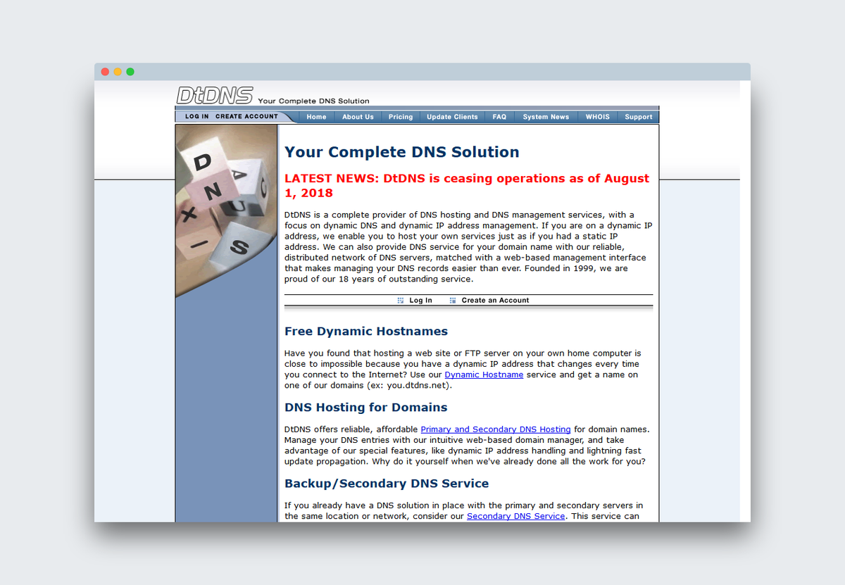 DtDNS will shut down on August 1, 2018