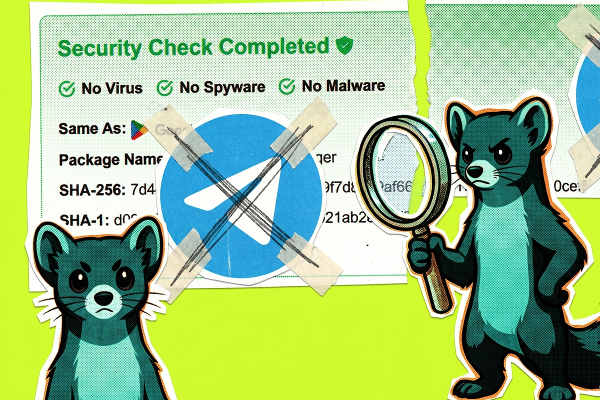 The VPNrevie.ws mascot, a pine marten, investigates a fake telegram that is drawn over with a cross. Under it, the "security check complete" dialogue from APKPure