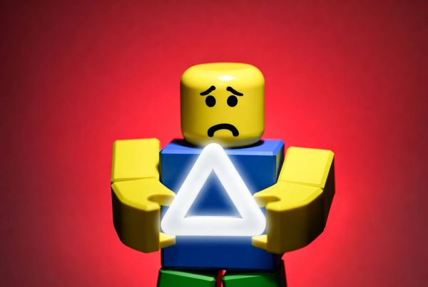 Sad Roblox character holding a shimmering white triangle over a red background