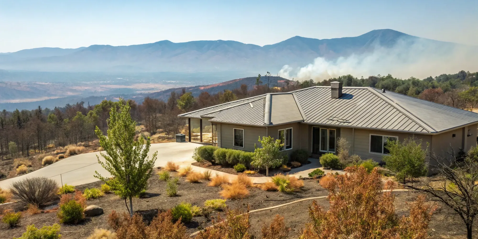 Building a home in a wildfire area with a metal roof and creating defensible space.