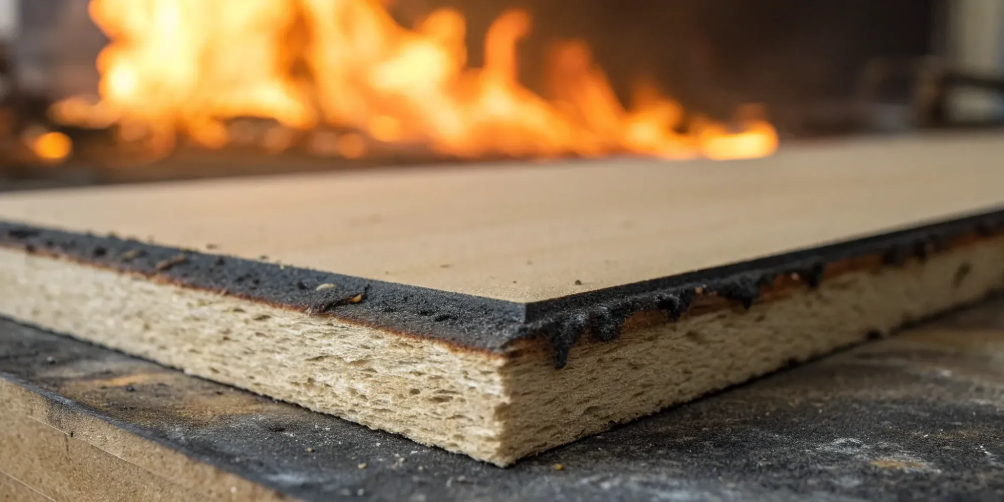 Standard MDF board with charred edges, showing it is not fire resistant.