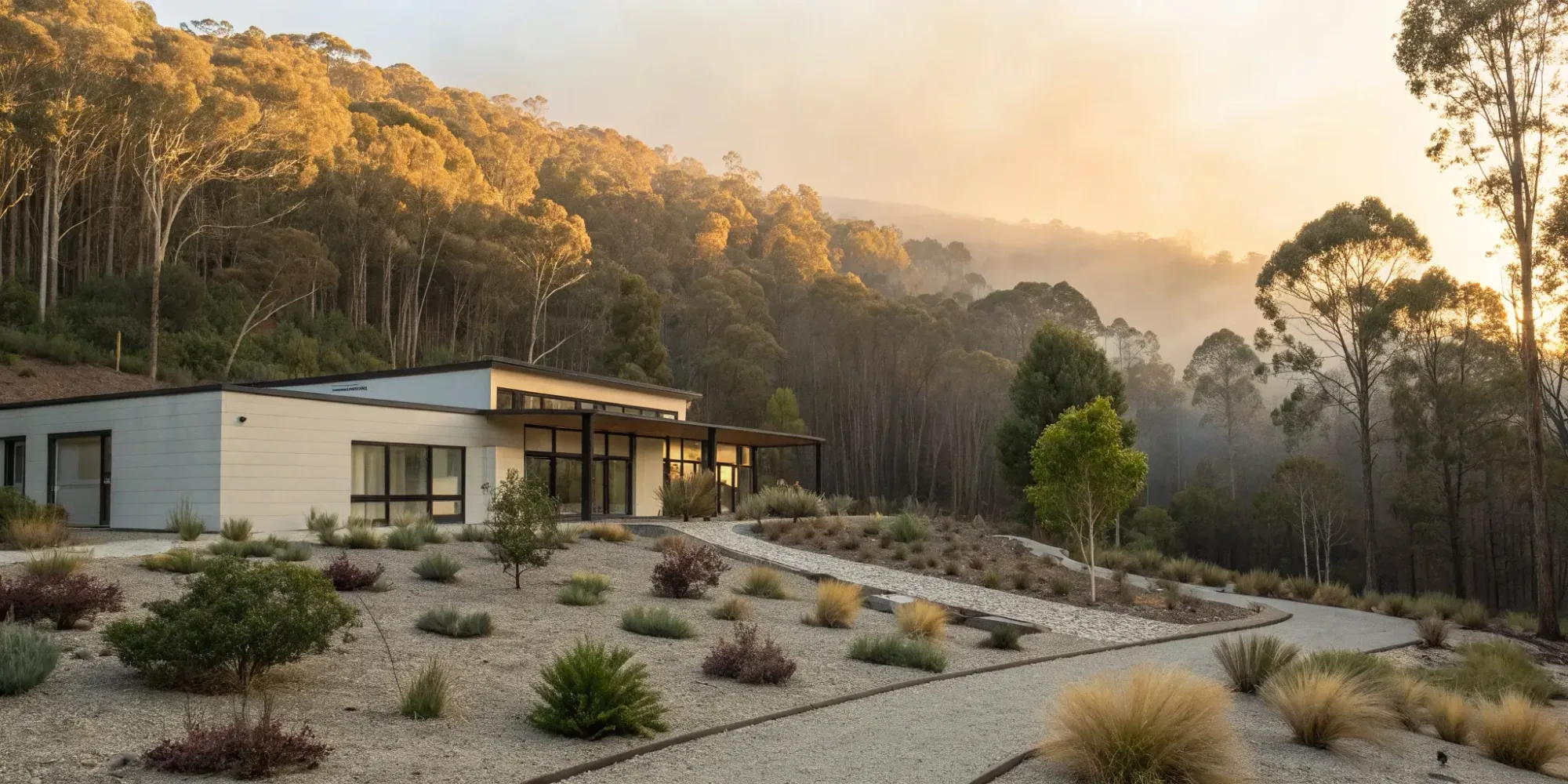 A modern home built for a wildfire area with defensible space and fire-resistant landscaping.
