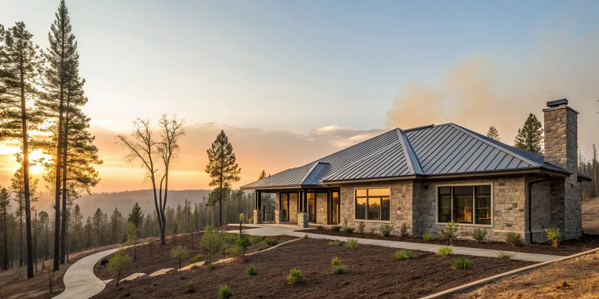 Fire-resistant house with metal roof.