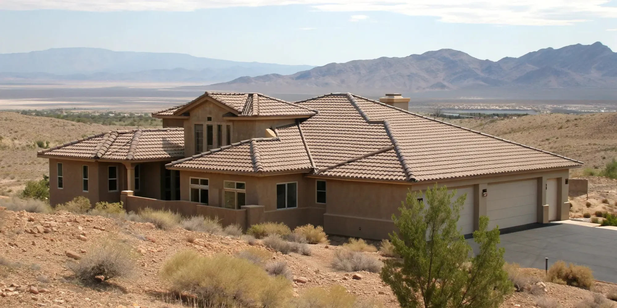 Class A tile roofing on a new home in a Nevada desert landscape.