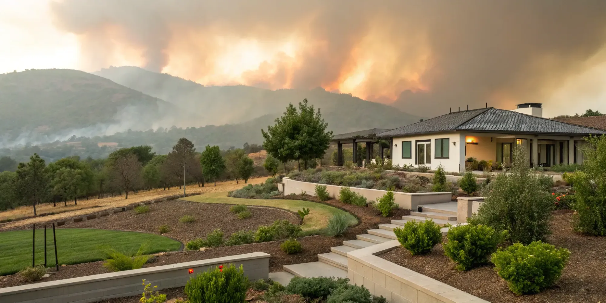 Modern home with defensible space after an architectural plan review for a fire zone.
