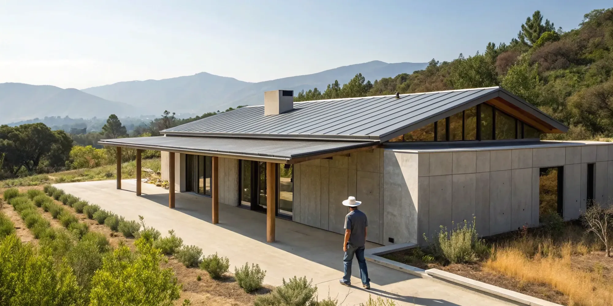 A modern, insurable home built with fire-resistant siding and a durable metal roof.