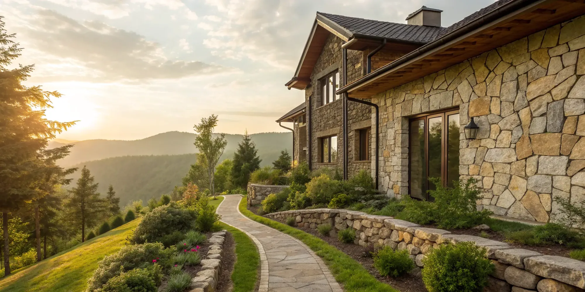A fire-resistant home design with a stone exterior, tile roof, and defensible space landscaping.