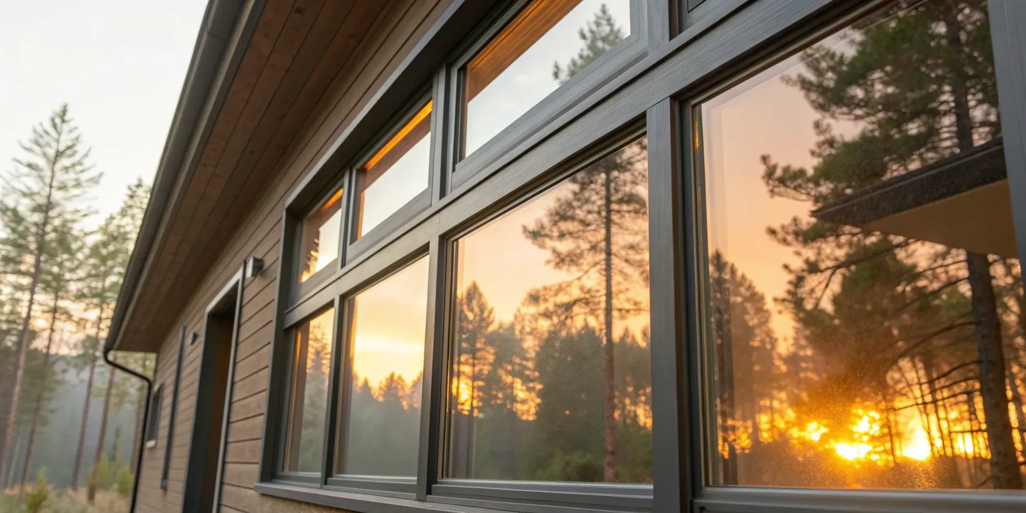 Fire-resistant windows made of durable frames and advanced fire-rated glass, reflecting a sunset.