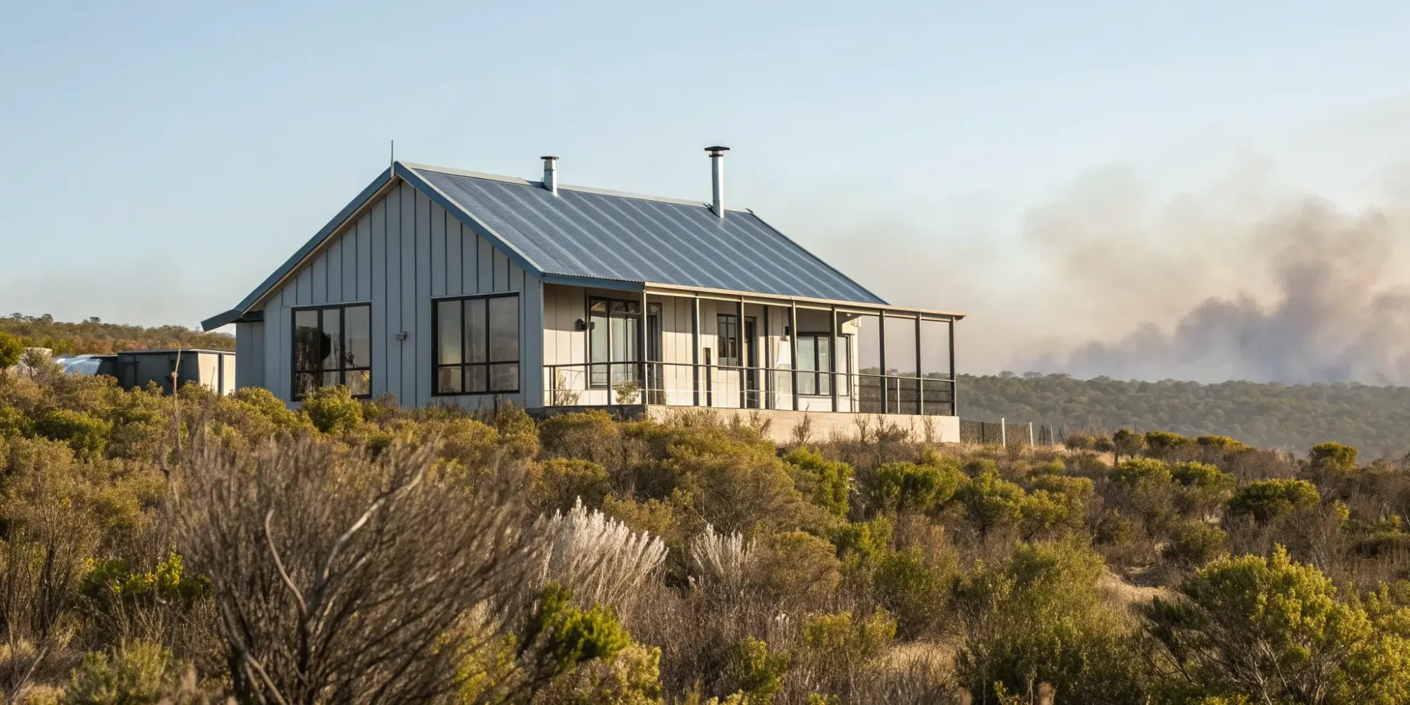 Architect-designed fireproof house with metal siding and roof in a wildfire-prone landscape.