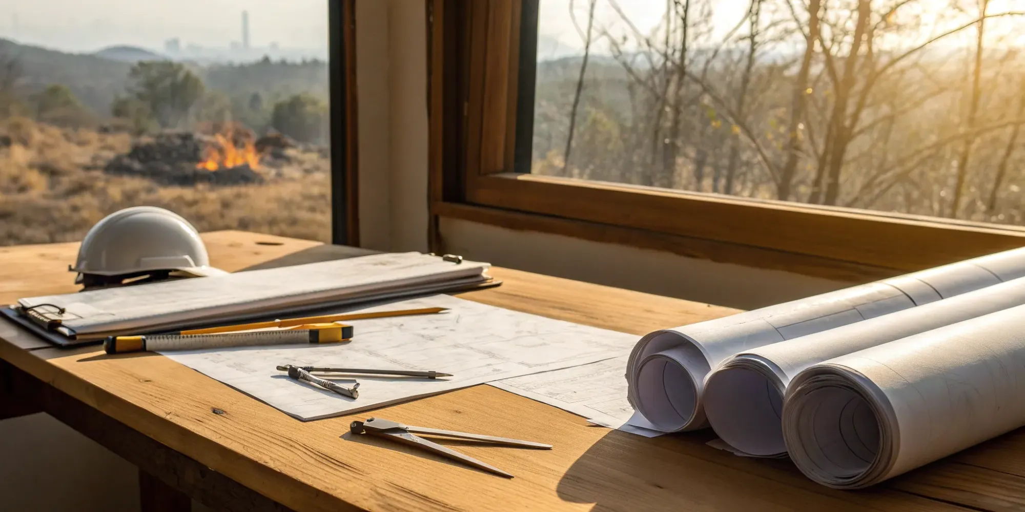 WUI architectural plan on a desk with drafting tools, outlining fire safety and building requirements.